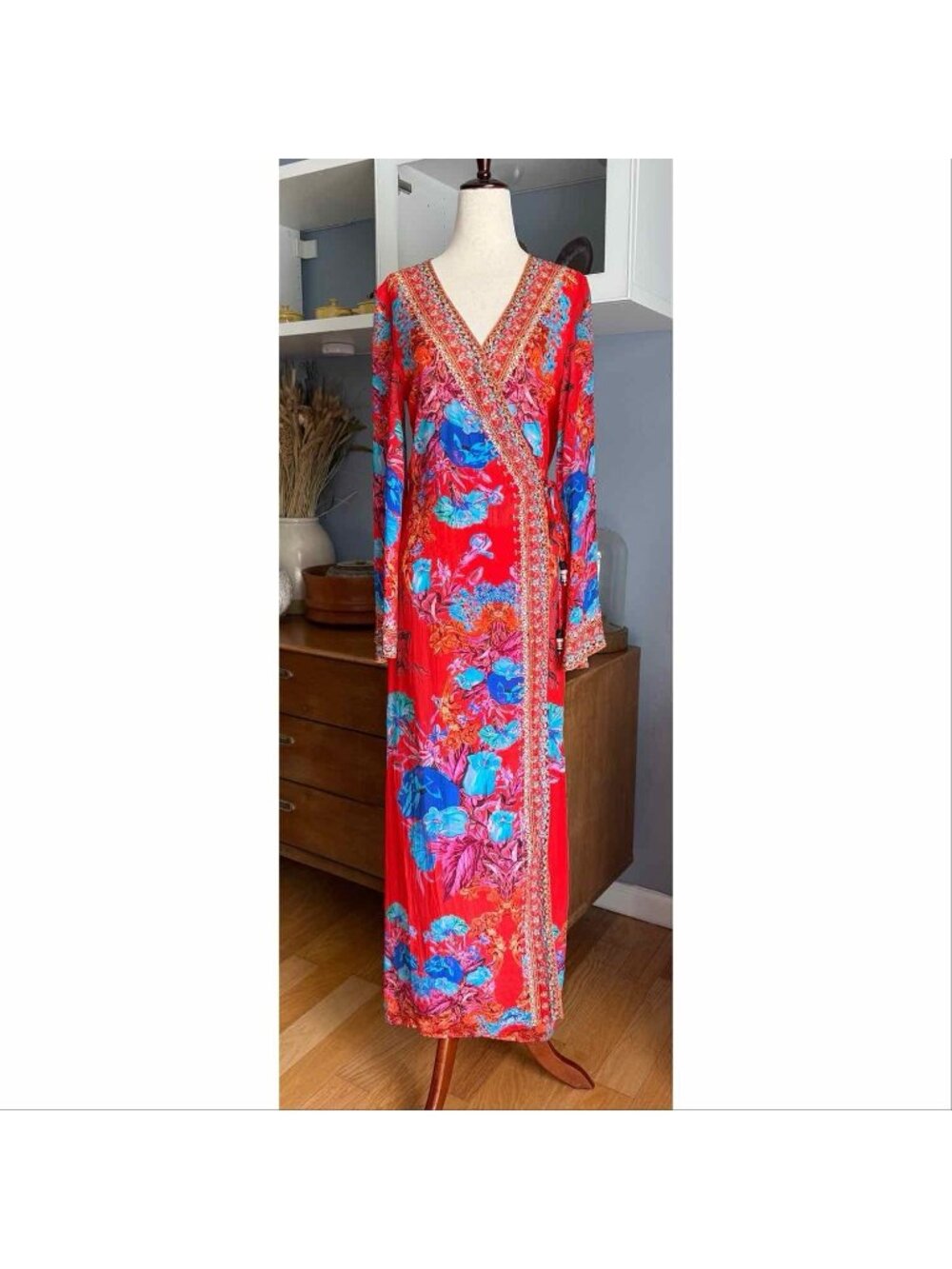 Czarina Red Floral Crystals Viscose Silk Wrap Maxi Dress